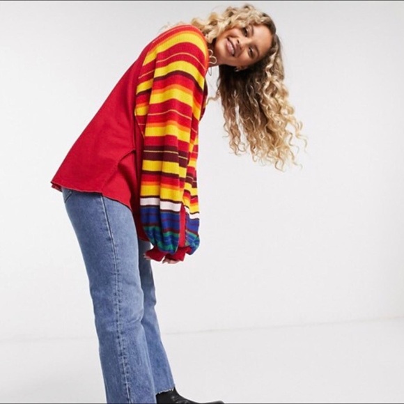 We The Free People ❤️ Rainbow Dreams Striped Sleeve Sweater Thermal Red XS - Picture 3 of 10
